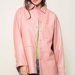 LUMIERE Pink Faux Leather Shacket, Oversized Button-Down Shirt Jacket, Fall L